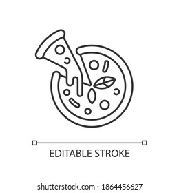 Pizza linear icon. Prepared food. Italian origin dish. Junk foods. Dough, tomatoes and mozzarella. Thin line customizable illustration. Contour symbol. Vector isolated outline drawing. Editable stroke