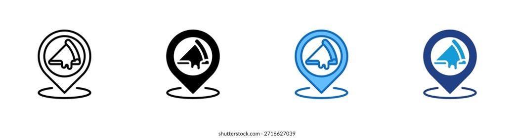 Pizza Location Multiple Style Icon Design Vector - Map pin with a pizza slice symbol representing a restaurant, food delivery, or pizzeria location