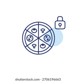 Pizza y cerradura. Asegure el orden de alimentos y los restaurantes con certificación de seguridad. Icono de Vector de trazo perfecto y editable