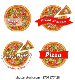 Pizza logo for logo, badges, banners, emblem for caffe. Fast food and pizza advertisement. Italian pizza