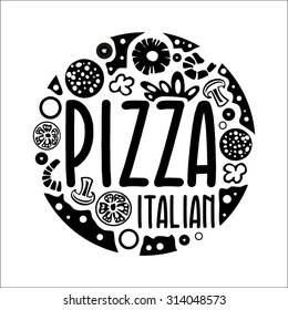 Pizza logo in black flat style.
