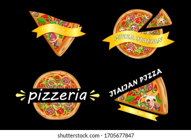 Pizza logo for cafes and restaurants. Fast food and pizza advertisement. Italian pizza. Advertising business cards in the restaurant business