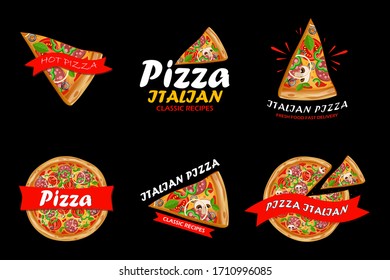 Pizza logo for cafes and restaurants. Fast food restaurant advertisement. Italian pizza. Slice of pizza with summer. Advertising business cards in the restaurant business.