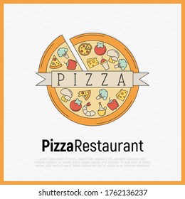 Pizza logo with cheese, pepper, shrimp, mushroom, broccoli, tomato. Thin line icons for menu design of restaurant or pizzeria. Vector illustration.