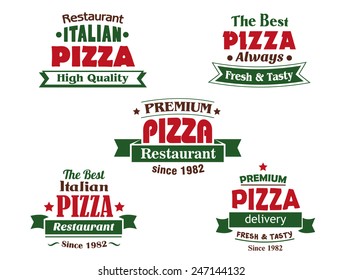 Pizza logo design elements for italian restaurant, cafe and pizzeria with red headers, ribbon banners, stars and texts of date foundation, premium quality, delivery service 