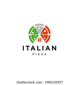 pizza logo design with house icon and italian flag color Illustration isolated on white background