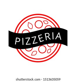 Pizza logo design for products, cafe, restaurant, delivery, pizzeria, bakery. Black and red vector emblem with pizza, mozzarella and basil