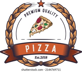 Pizza logo design, retro badge cartoon style, hipster emblem fast food illustration. Classic, vintage pizzeria sign