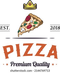 Pizza logo design, retro badge cartoon style, hipster emblem fast food illustration. Classic, vintage pizzeria sign