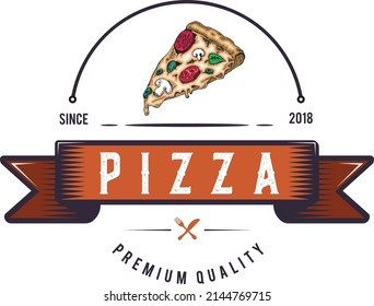 Pizza logo design, retro badge cartoon style, hipster emblem fast food illustration. Classic, vintage pizzeria sign