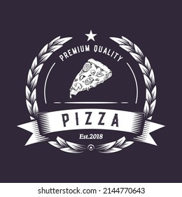 Pizza logo design, retro badge white icon, hipster emblem fast food illustration. Classic, vintage pizzeria sign