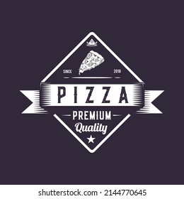 Pizza logo design, retro badge white icon, hipster emblem fast food illustration. Classic, vintage pizzeria sign
