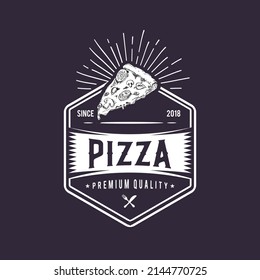 Pizza logo design, retro badge white icon, hipster emblem fast food illustration. Classic, vintage pizzeria sign