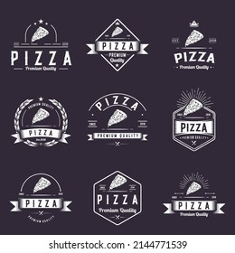 Pizza logo design, retro badge white icon, hipster emblem fast food illustration. Classic, vintage pizzeria 9 sign collection 