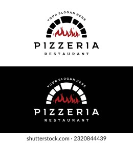 Diseño de logotipo de pizza con estufa y horno de ladrillo. Logo para negocios, restaurantes y comida italiana.