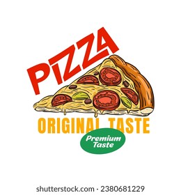 Pizza logo design template isolated. Retro Pizza logo vector. Hand drawn vintage Pizza logo emblem