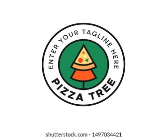 Pizza logo design vector. pizza tree design concept. pizza line art logo template