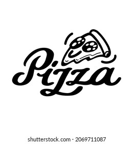 Pizza logo, elegant hand-lettering calligraphy vector with triangular slice of pizza. For pizzerias, restaurants, cafes, brand name, menu, pizza fest.