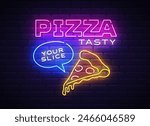 Pizza logo, emblem. Pizza neon sign, bright signboard, light banner. Neon sign vector illustration