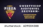 Pizza logo, emblem. Pizza neon sign, bright signboard, light banner. Neon sign creator. Neon text edit