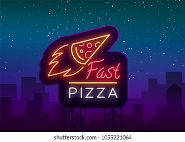 Pizza logo emblem neon sign. Logo in neon style, bright neon sign with Italian food promotion, pizzeria, snack, cafe, bar, restaurant. Pizza delivery, fast pizza, shining banner. Vector illustration