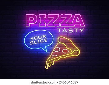 Pizza logo, emblem. Pizza neon sign, bright signboard, light banner. Neon sign vector illustration