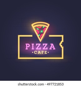 Pizza logo, emblem. Pizza neon sign, bright signboard, light banner. Neon sign