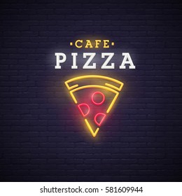 Pizza logo, emblem. Pizza neon sign, bright signboard, light banner. Neon sign