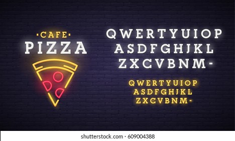 Pizza logo, emblem. Pizza neon sign, bright signboard, light banner. Neon sign creator. Neon text edit