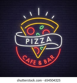 Pizza logo, emblem. Pizza neon sign, bright signboard, light banner. Neon sign