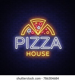 Pizza logo emblem neon sign. Logo in neon style, bright neon sign with Italian food promotion, pizzeria, snack, cafe, bar, restaurant. Pizza delivery, fast pizza, shining banner. Vector illustration.