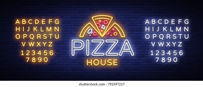 Pizza logo emblem neon sign. Logo in neon style, bright neon sign with Italian food promotion, pizzeria, snack, cafe, bar, restaurant. Pizza delivery. Vector illustration. Editing text neon sign