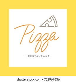 Pizza logo emblem vector inscription. Fastfood signboard. Handmade lettering