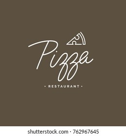 Pizza logo emblem vector inscription. Fastfood signboard. Handmade lettering