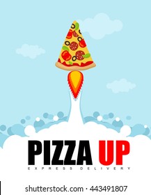 Pizza Up logo for flat pancake delivery. Fast shipping quickly food. tortilla rocket flies upwards.