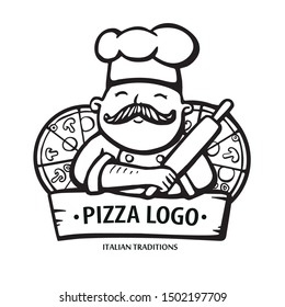 Pizza logo. Hand drawn vector illustration of chef-cooker with a mustache and pizzas. Italian chef logo.