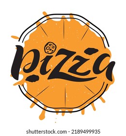 Pizza logo hand lettering. Black letters with pizza above basil leaves and textures on the orange spot inside pizza shape and white background. Pizzeria decoration. Flyer banner poster brochure shop.