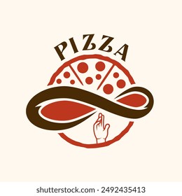 Pizza-Logo mit einer Hand, die den Pizzateig in eine flache Brotform mit Pizzascheiben auf der anderen Hälfte der Ikone dreht. Kann von Pizzeria als Logo oder als grafische Ressource für Poster verwendet werden