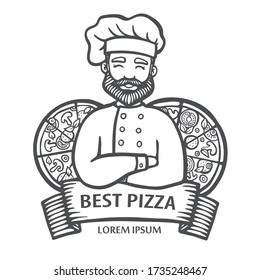 Pizza logo. Hand-drawn hipster 
chef with italian pizzas with ribbon. Man cook with arms crossed in an apron. Vector line logo for cafe, delivery. Sticker, logo, Emblem