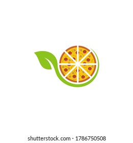 Pizza logo icon design, vector illustration, Pizza with Leaf Concept design logo. Food logo template