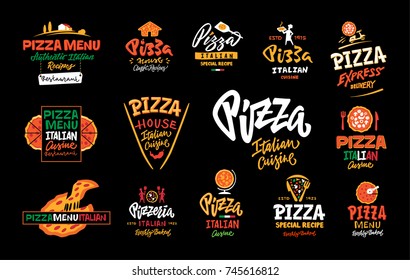 Pizza logo, label, element. Pizzeria, restaurant food set icons Vector illustration