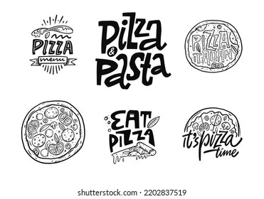 Pizza logo lettering set. Hand drawn black and white color phrase and text. Design for banner, poster and logo. Vector illustration.