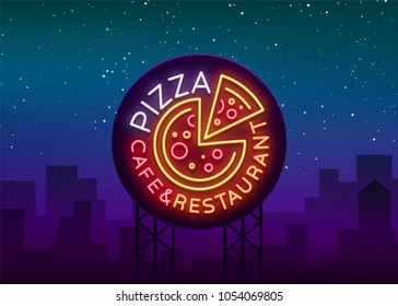 Pizza logo in neon style. Neon sign, emblem on Italian food. Pizza cafe, restaurant, fast food, dining room, pizzeria. Bright banner, night shining pizza advertisement. Vector illustration