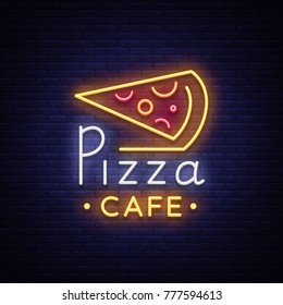 Pizza logo in neon style. Neon sign, emblem on Italian food. Pizza cafe, restaurant, fast food, dining room, pizzeria. Bright banner, night shining pizza advertisement. Vector illustration