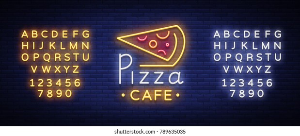 Pizza logo in neon style. Neon sign, emblem on Italian food. Pizza cafe, restaurant, fast food, dining room, pizzeria. Night shining pizza advertisement. Vector illustration. Editing text neon sign