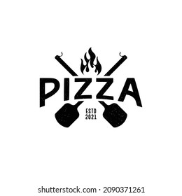 Pizza logo with oven shovel. Wood fired pizza on white background