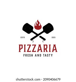 Pizza logo with oven shovel. Wood fired pizza on white background