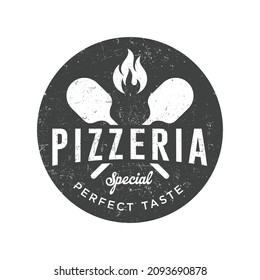 Pizza logo with oven shovel. Wood fired pizza on white background