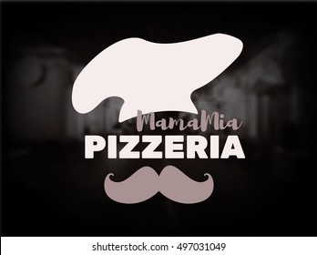 Pizza logo. Pizzeria logotype with mustache and chef's cap. - Vector illustration