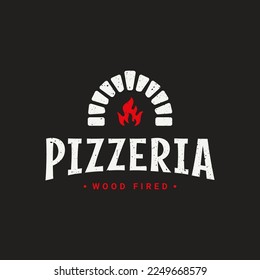 Pizza logo with pizzeria oven shovel. Wood fired pizza on black background